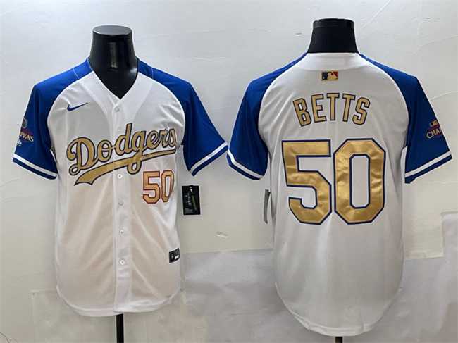 Mens Los Angeles Dodgers #50 Mookie Betts White Royal Gold 2024 World Series Champions Vapor Limited Stitched Jersey
